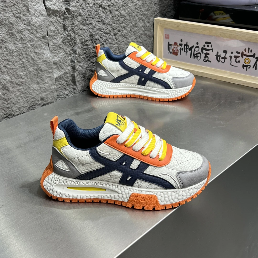 增高5cm厚底休闲鞋男2026春季新款皮面透气阿甘鞋低帮拼色运动鞋