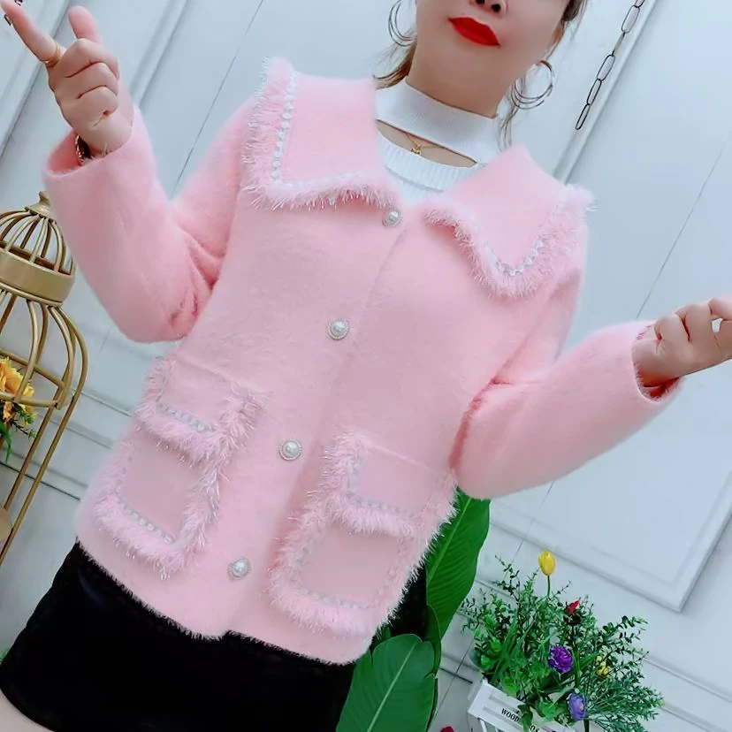 娃娃领流苏小香风仿水貂绒外套2025春秋新款针织开衫时尚百搭上衣