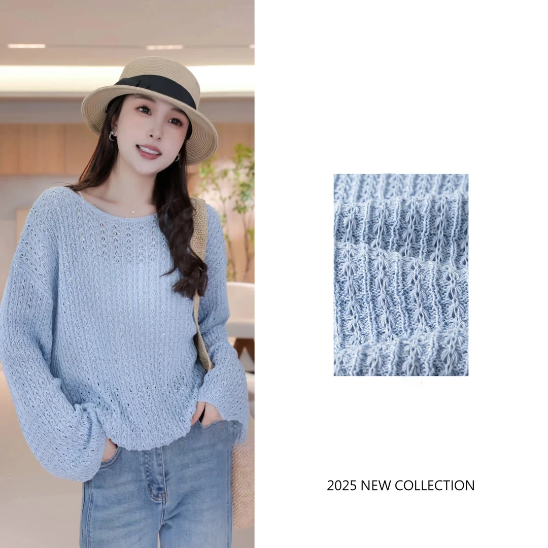 2025年秋冬新款小众随性慵懒纯色百搭镂空长袖针织衫上衣F8-35