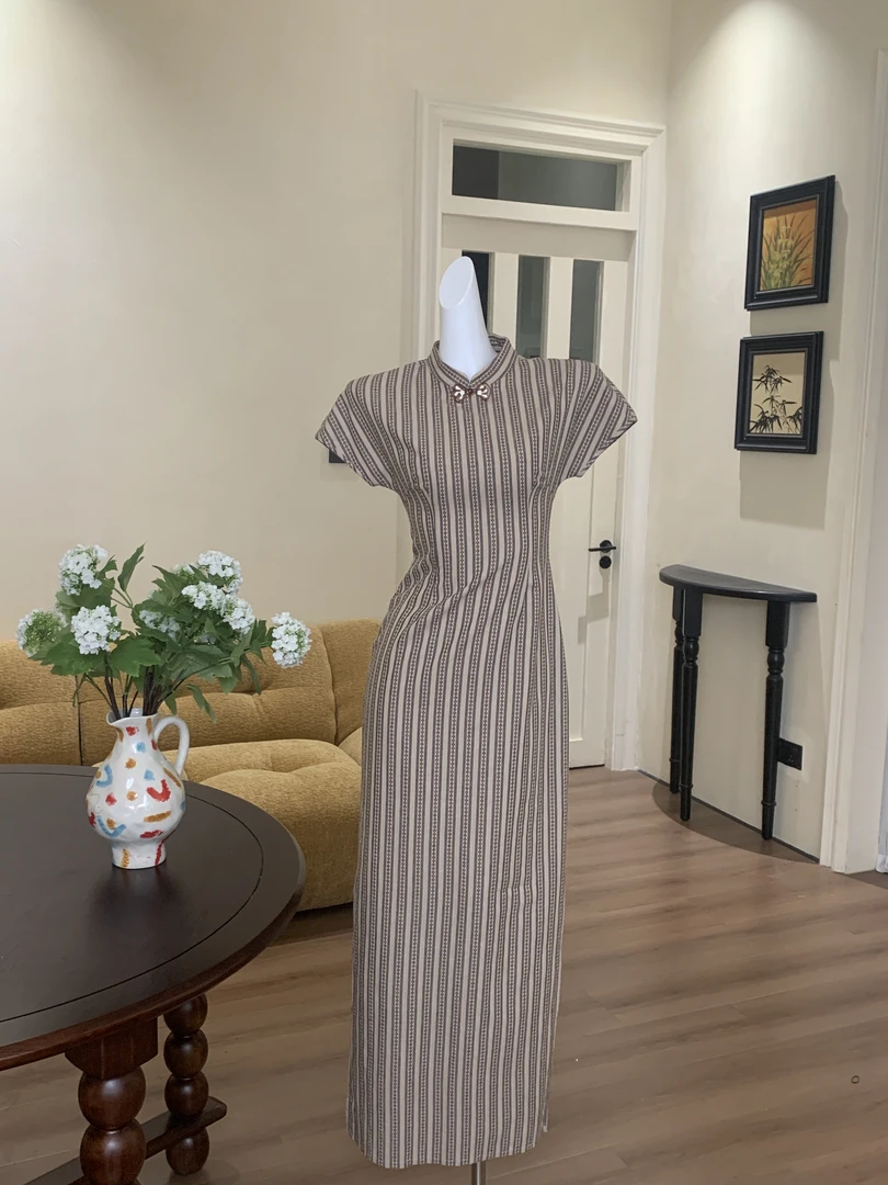 EIA一尧新中式国风【限量福利款】复古书香气条纹旗袍连衣裙