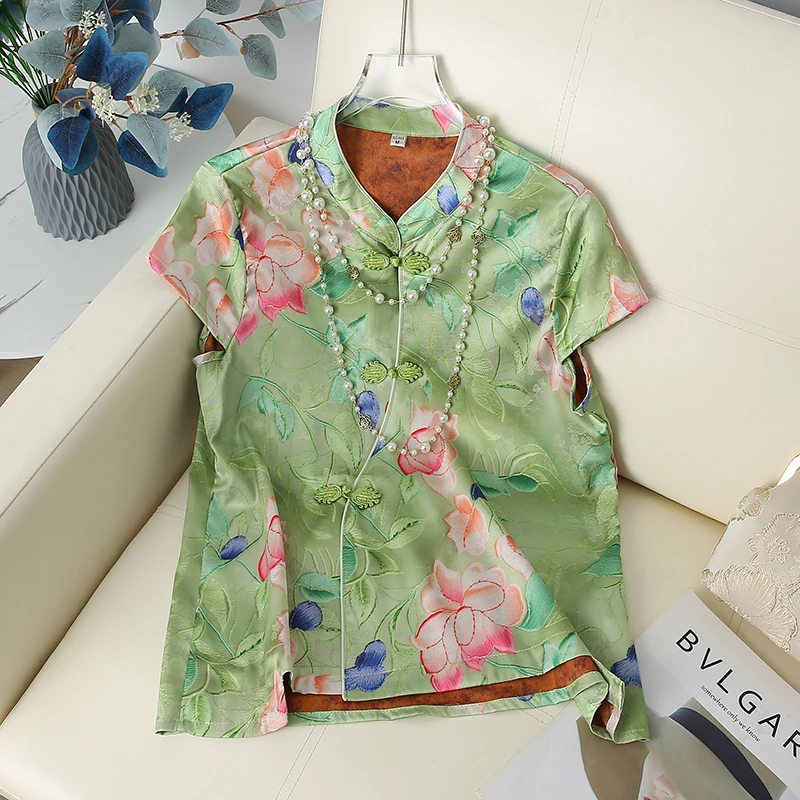 夏季新款时尚洋气立领短袖衬衫国风印花轻中式盘扣设计感气质上衣