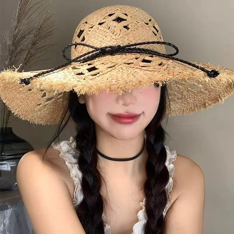 手工编马兰花镂空拉菲草太阳帽女士夏季海边旅游防晒帽大檐遮阳帽