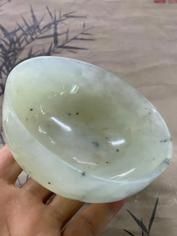 天然岫玉饭碗玉饭碗手工雕刻欣赏实用 直径10高4.7厘米