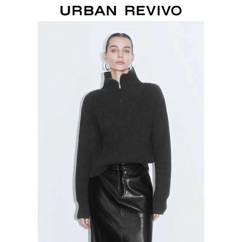 UR2025冬季新款女装简约休闲格雷系半拉链针织衫UWG950182+