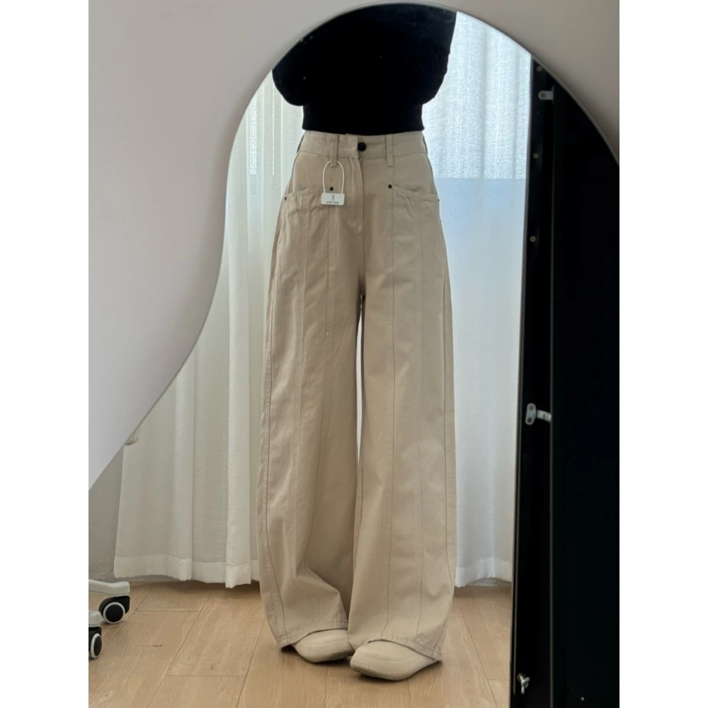 美式米杏色工装牛仔裤女2025春夏新款高腰宽松垂感直筒阔腿拖地裤