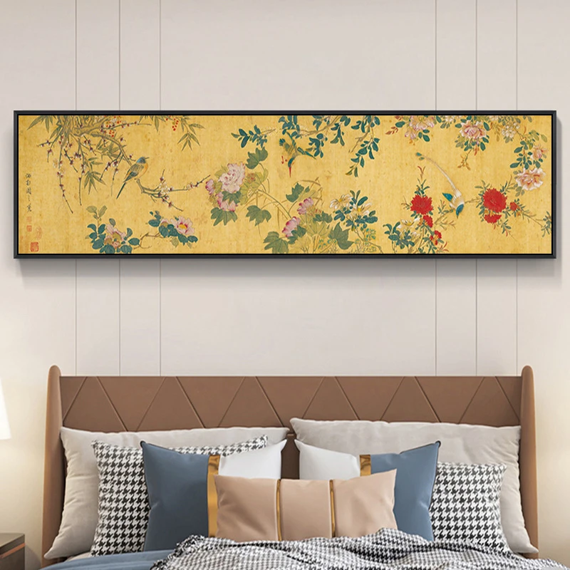 花鸟装饰画新中式酒店民宿客房卧室床头画明清客厅挂画横版
