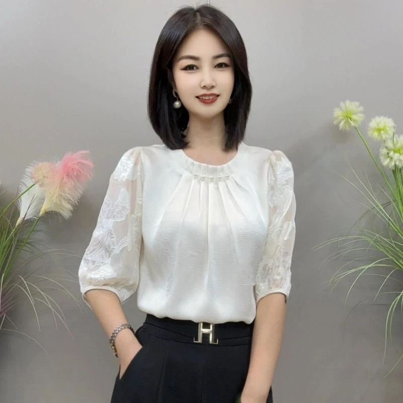 原版提花高档夏季新款时尚百搭小衫珠子小衫气质显瘦五分袖上衣