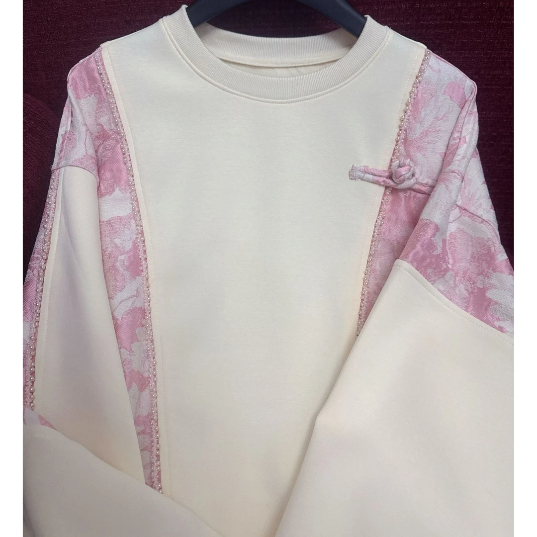 中国崛起运动休闲卫衣2025年春季新款大码女装胖mm绣花提花2色入