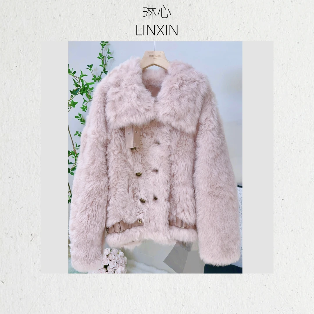 丨秋冬气质时尚保暖轻奢纯色大翻领双排扣开衫外套0381