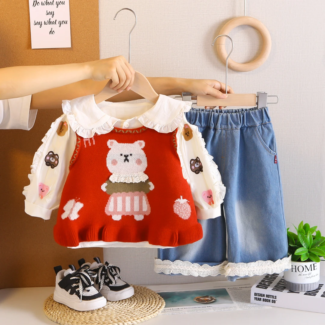 女宝宝秋装套装新款女童春秋季洋气毛衣马甲三件套装时髦婴儿童装