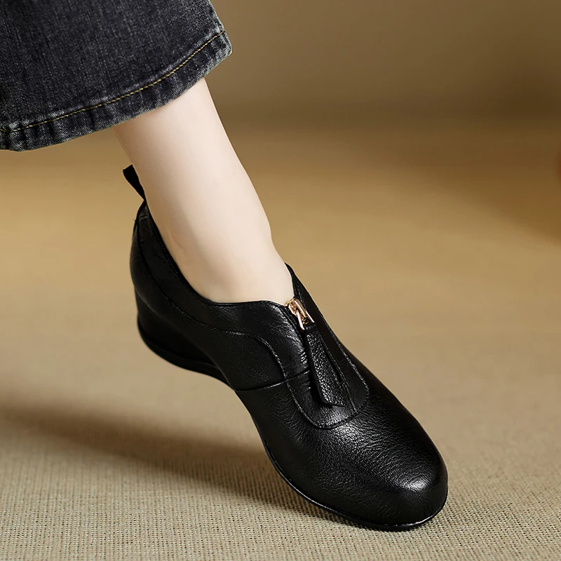 小个子增高4.5cm~单鞋女粗跟坡跟真皮妈妈鞋防滑软底工作鞋子女士