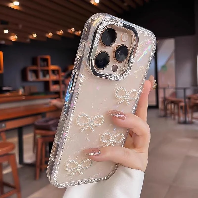 苹果珍珠蝴蝶结适用16promax手机壳iPhone15大孔14高级感13女款