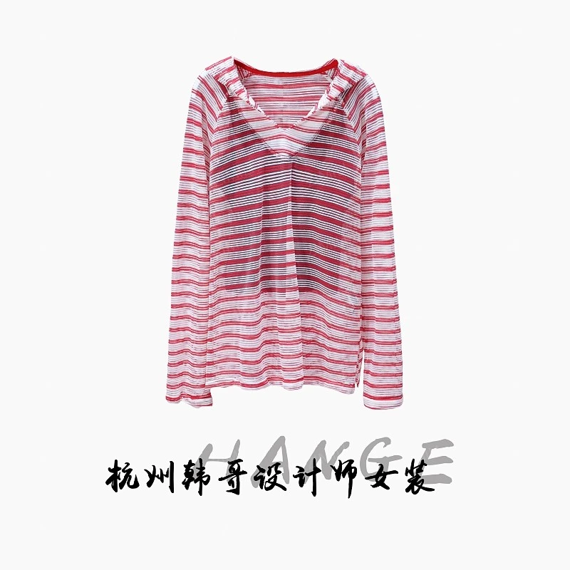 【韩哥女装】红色条纹轻薄冰凉感微透网纱吊带连帽爽肤衣8539-A6