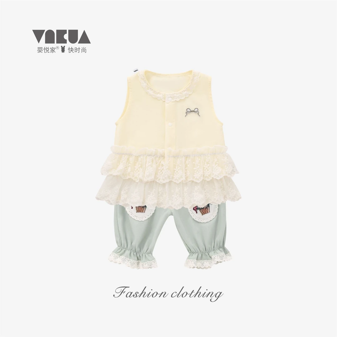 婴悦家夏季女宝蕾丝拼接文艺田园背心上衣+裤子 88618+88619