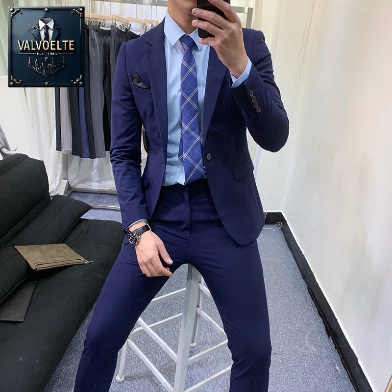 蓝色西装套装高级男装痞帅韩版修身白领职业装商务休闲西服外套