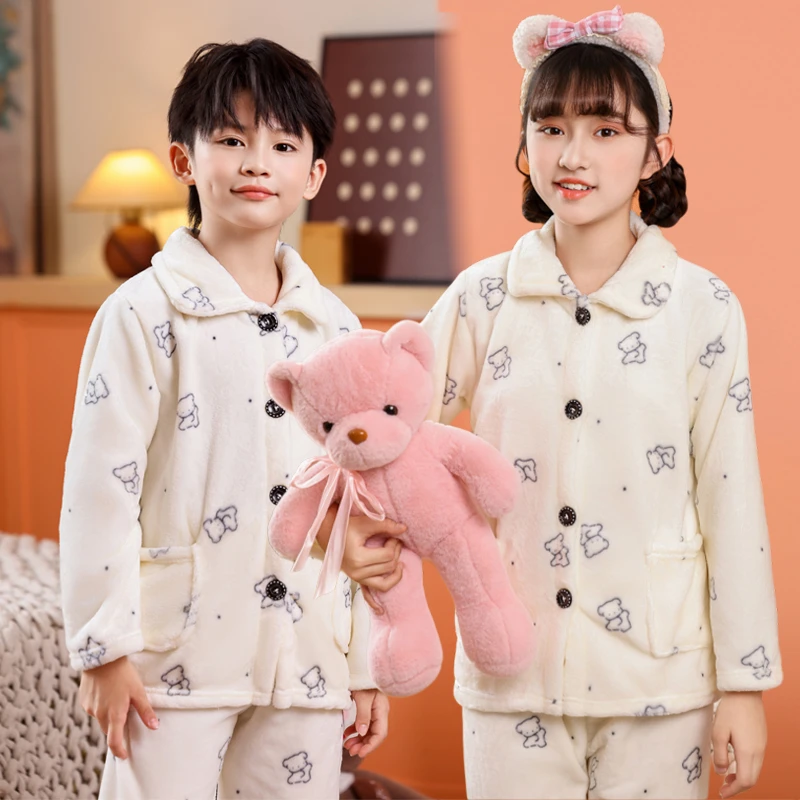 儿童睡衣法兰绒秋冬中大童加厚男童女童长袖宝宝珊瑚绒家居服套装