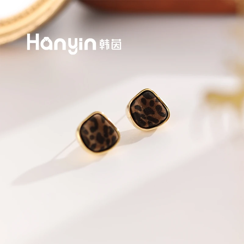 铜合金布艺耳饰 925银针简约百搭复古气质豹纹不规则几何耳钉