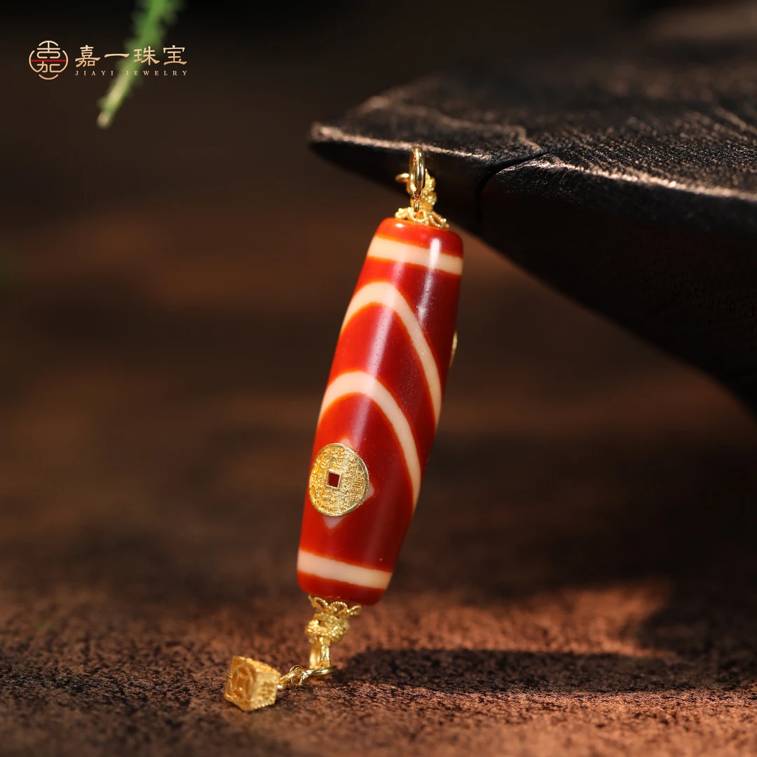 【嘉一珠宝】双眼天地同福·红肉天珠吊坠K金镶嵌紫微讳金龙入梦