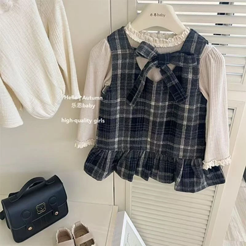 女童秋冬新款套装洋气格子背心裙长袖花边领打底衫格子裙两件套