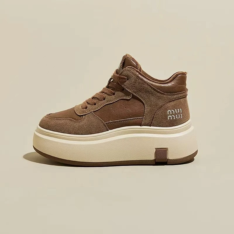 C2205 棕色  时尚厚底圆头高帮系带女休闲板鞋