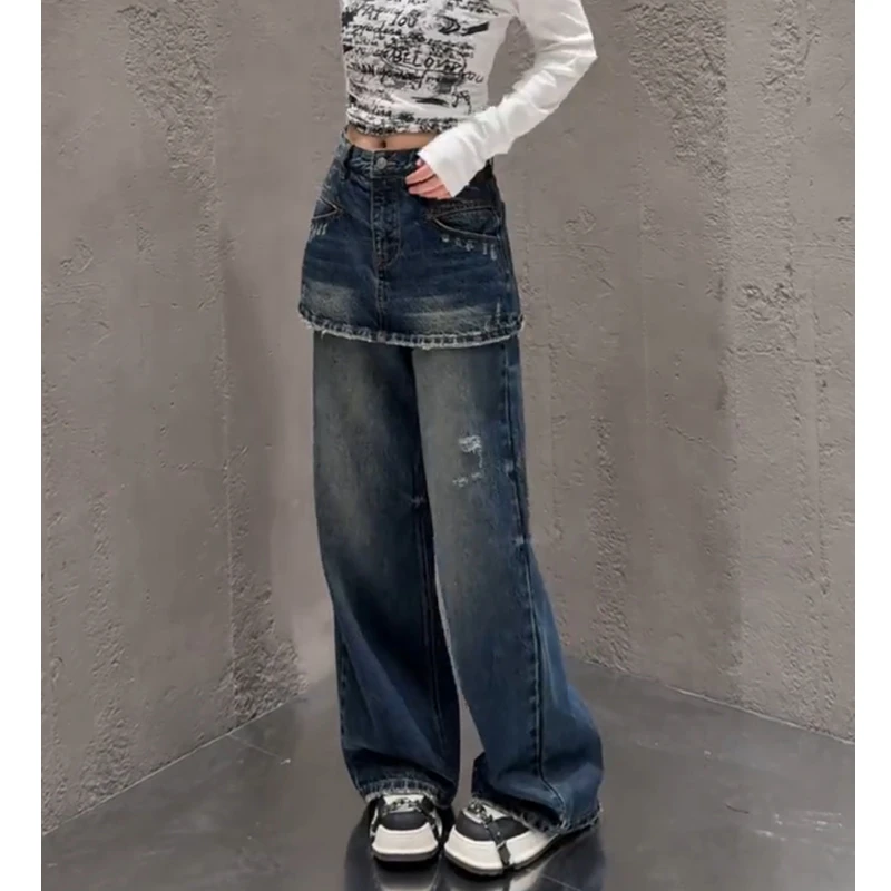 小个子蓝色牛仔裤女士2025秋季新款爆款裤子宽松高腰假两件阔腿裤