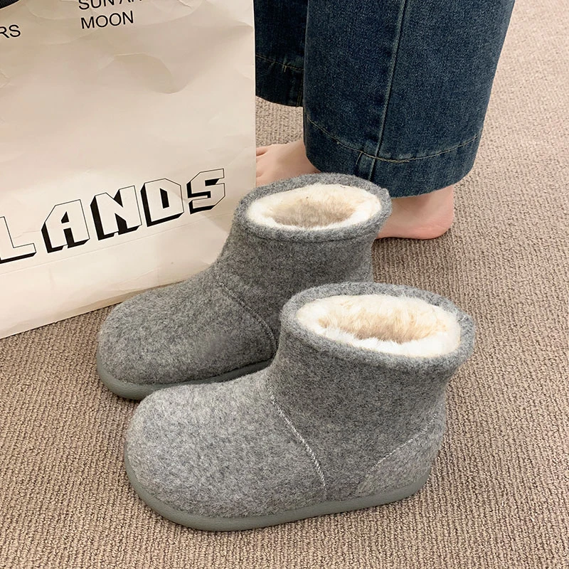 毛呢灰色雪地靴女款2025新款冬季加绒加厚短靴子保暖大头面包棉鞋