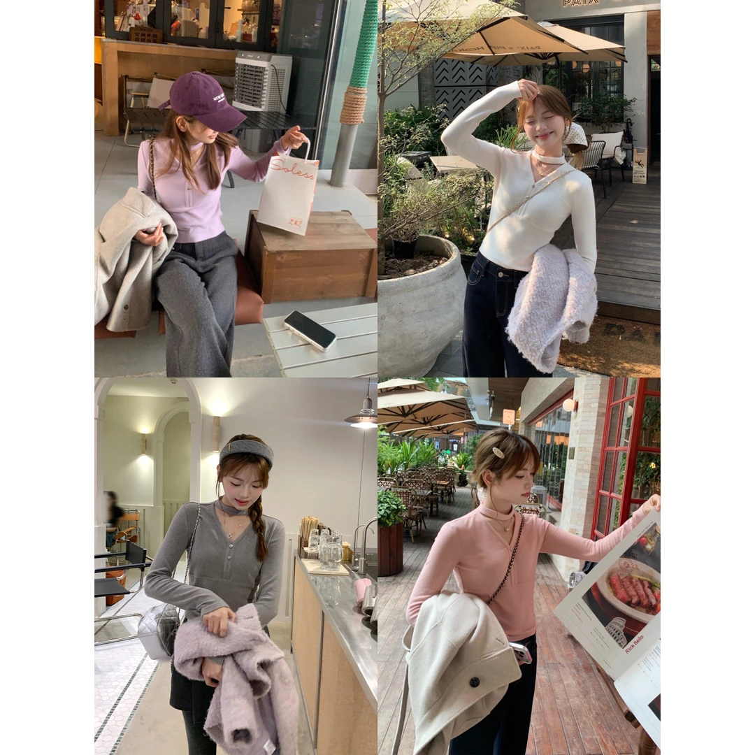 切糕自制【秋日序曲】小个子秋冬女设计感气质挂脖V领长袖针织衫