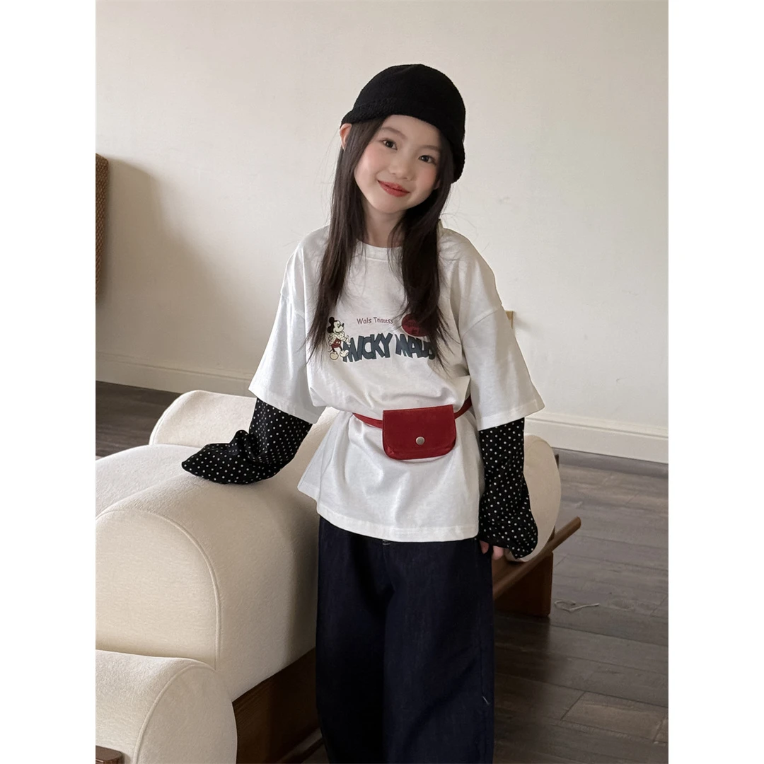 乐小悠 童装女童假两件上衣2025春季新款洋气儿童春款上衣T恤长袖