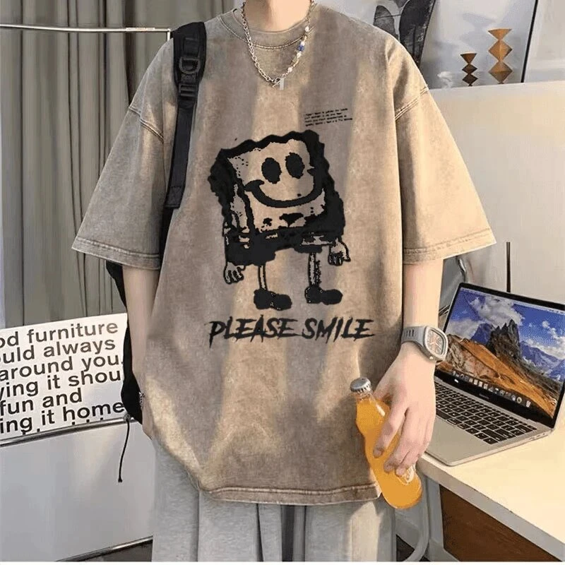 海绵宝宝印花短袖T恤男夏季潮牌休闲百搭水洗做旧宽松上衣打底衫