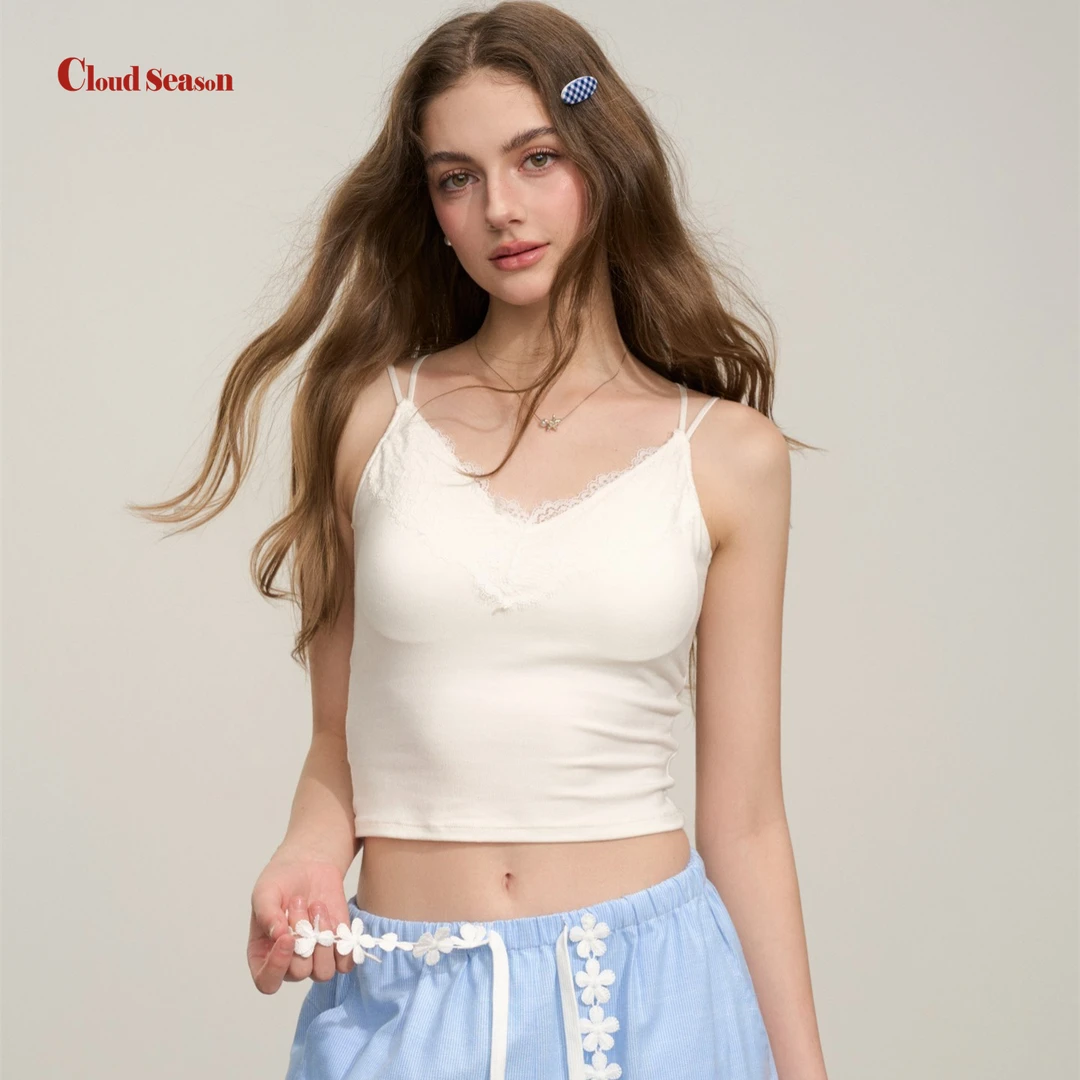 CLOUDSEASON蕾丝美背V领吊带背心女内搭吊带内搭白色吊带上衣女