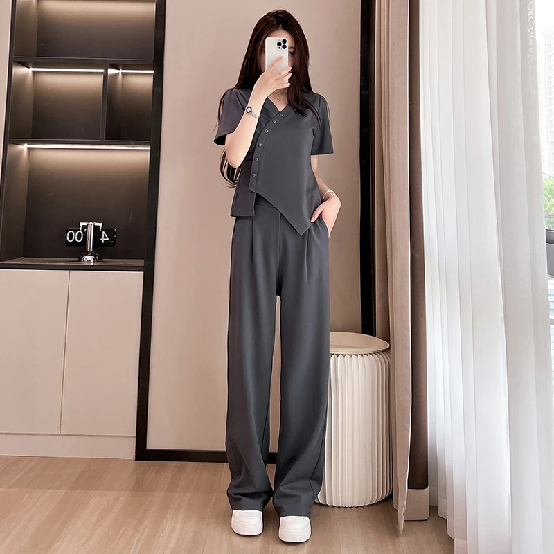 百搭显瘦上衣T恤休闲阔腿裤子大码藏肉运动套装夏季胖mm短袖女装