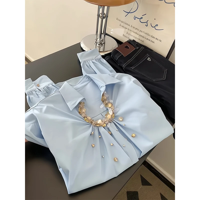 2025新款女士早春季时尚气质小众设计感翻领长袖钉珠亮片衬衫上衣