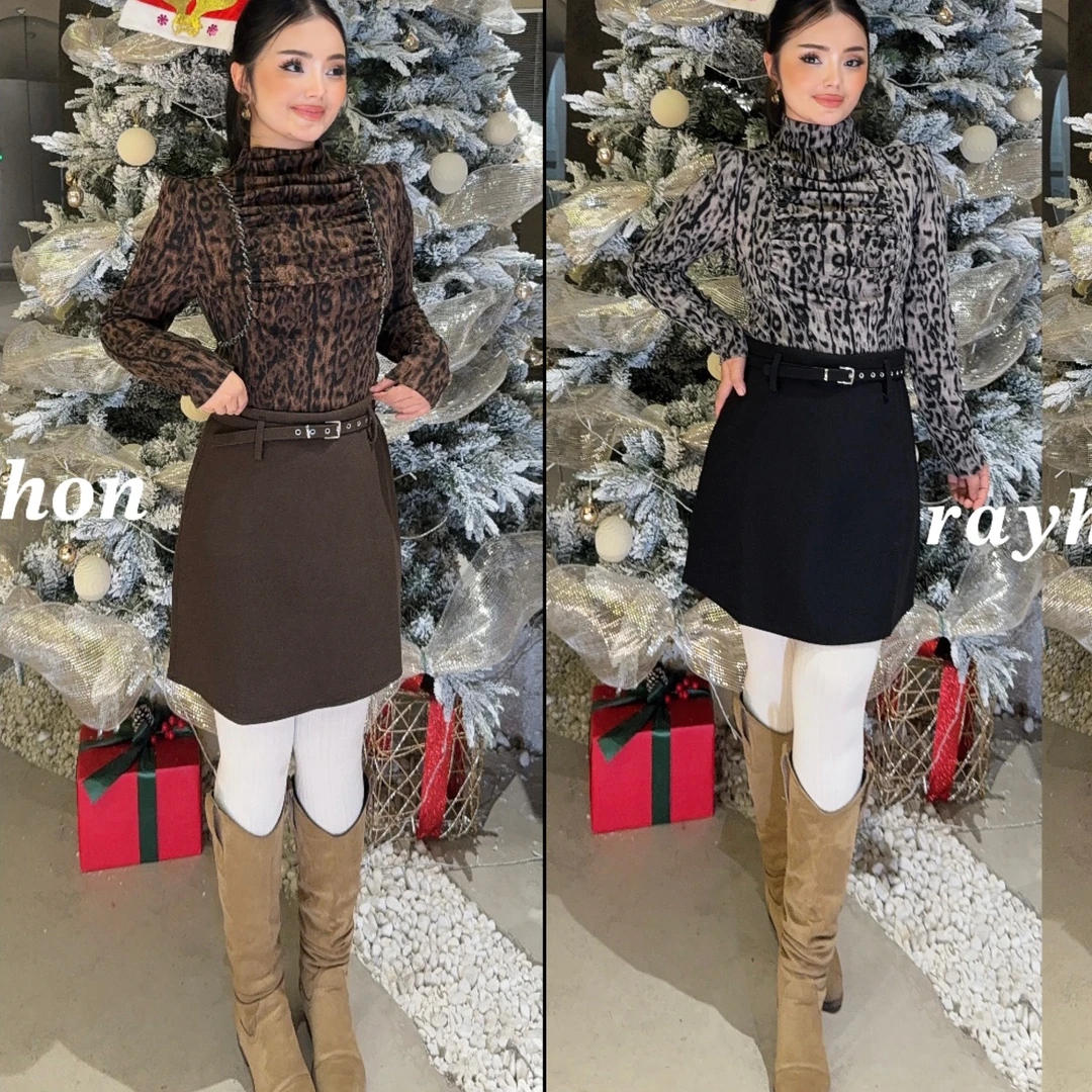 【Rayhon】新款套装两件套豹纹高领长袖上衣女御姐风时尚气质显瘦
