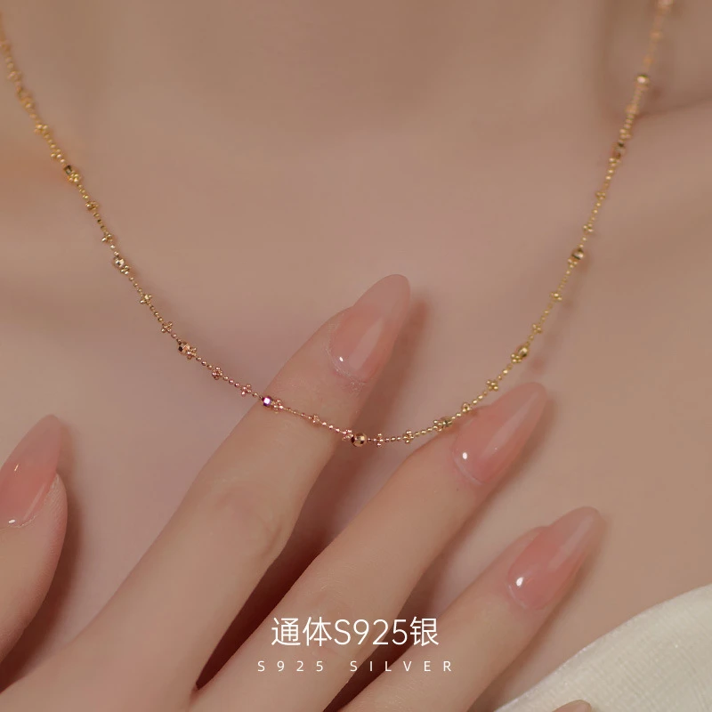 链子925银 超闪镭射珠链子女素款锁骨链ins风气质颈链925银仙女链