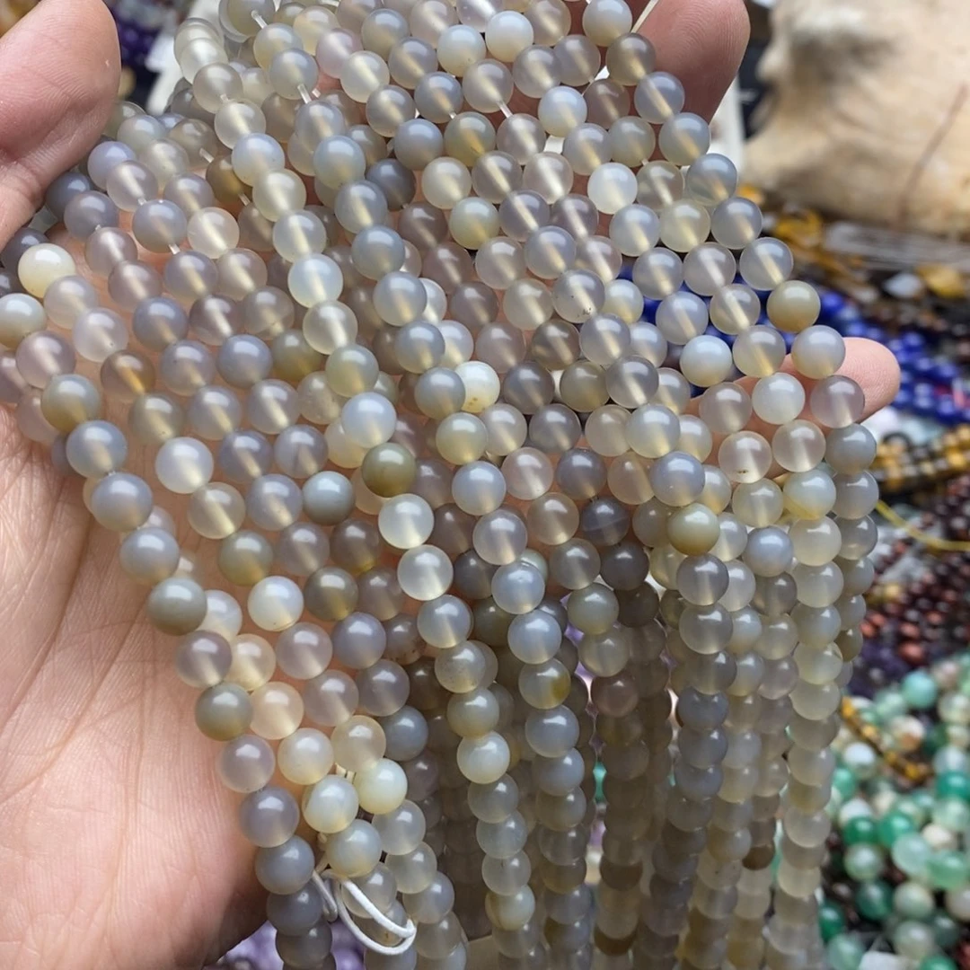 玛瑙/玉髓未镶嵌珠宝半成品一条天然6.5mm磨沙灰玛瑙圆珠