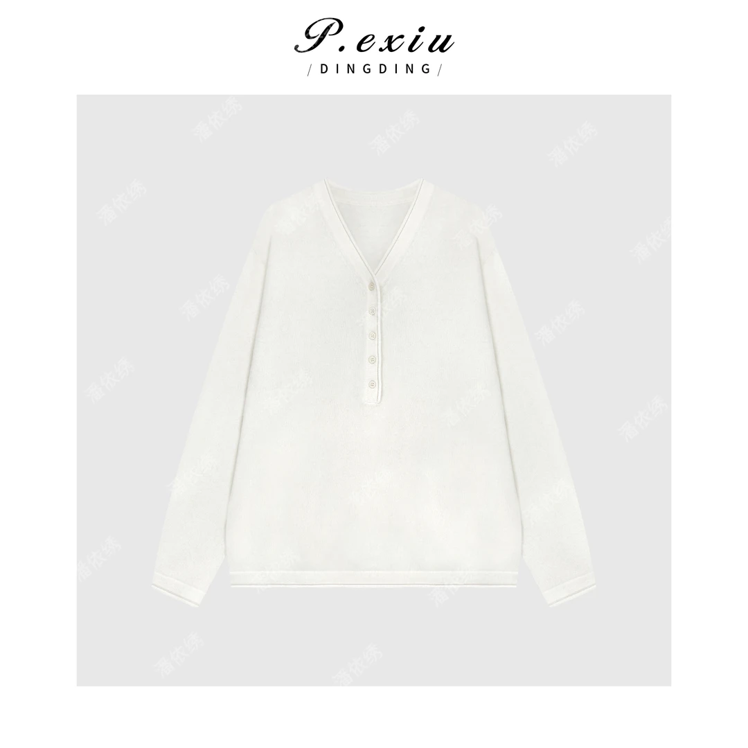 PanYiXiu/潘依绣【奶油特调】100%绵羊毛V领半扣软糯针织毛衣ZZ1036