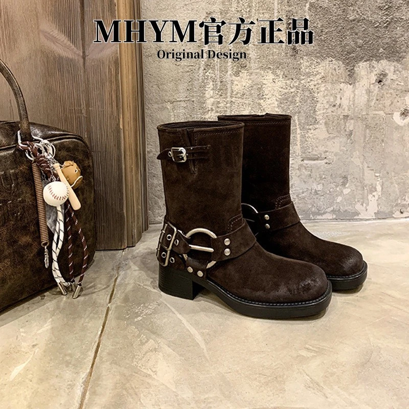 MH官方同款阿西部牛仔靴女粗跟机车短靴擦色复古马丁靴
