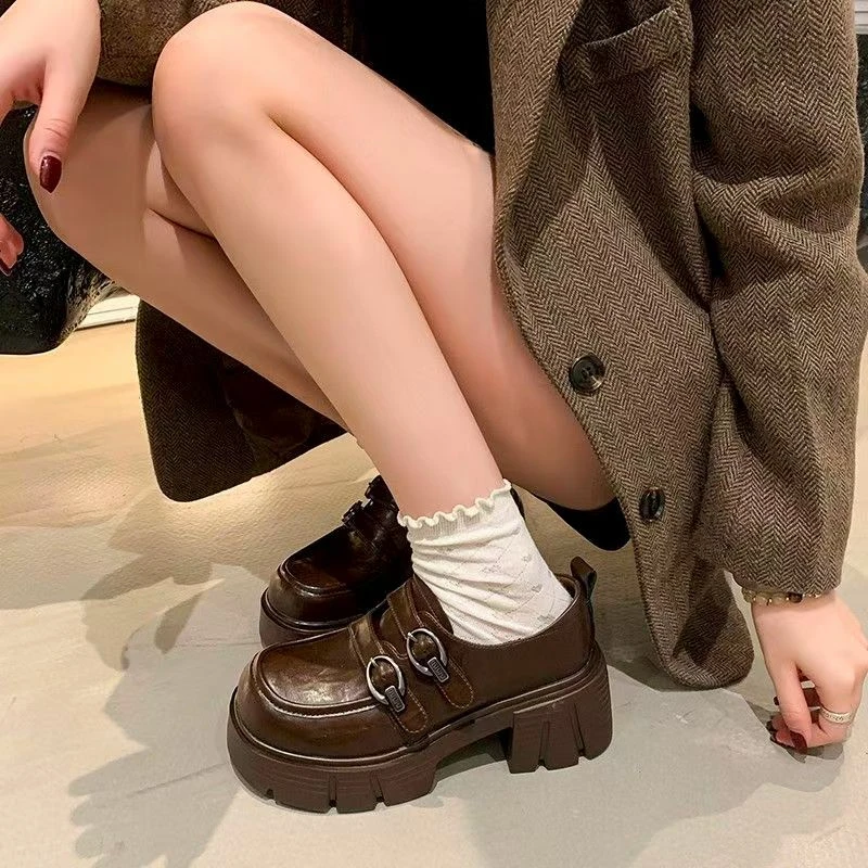 金属厚底日系英伦风乐福鞋增高女鞋魔术贴学院风