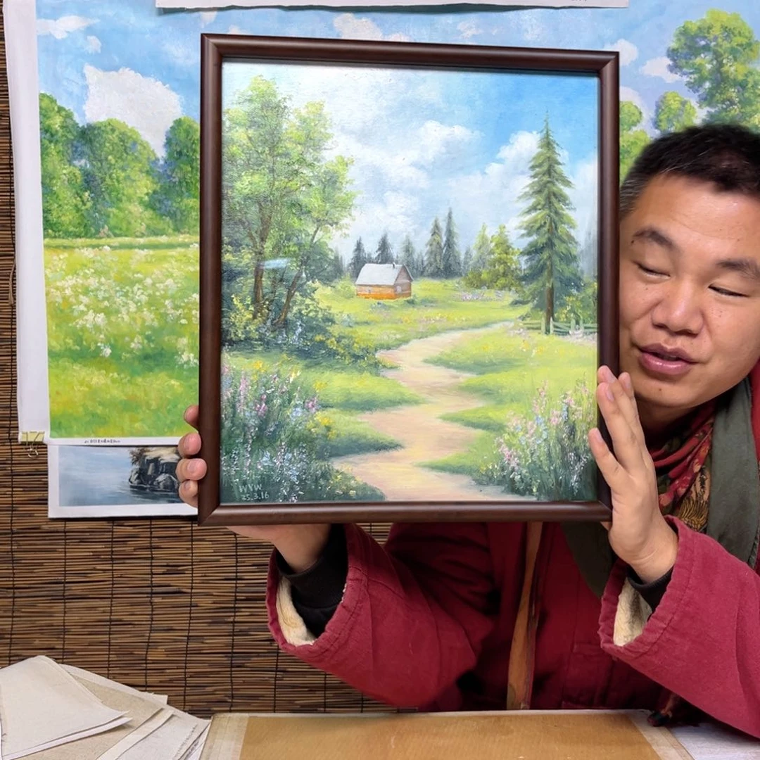 油画行路人小院绘画作品竞拍