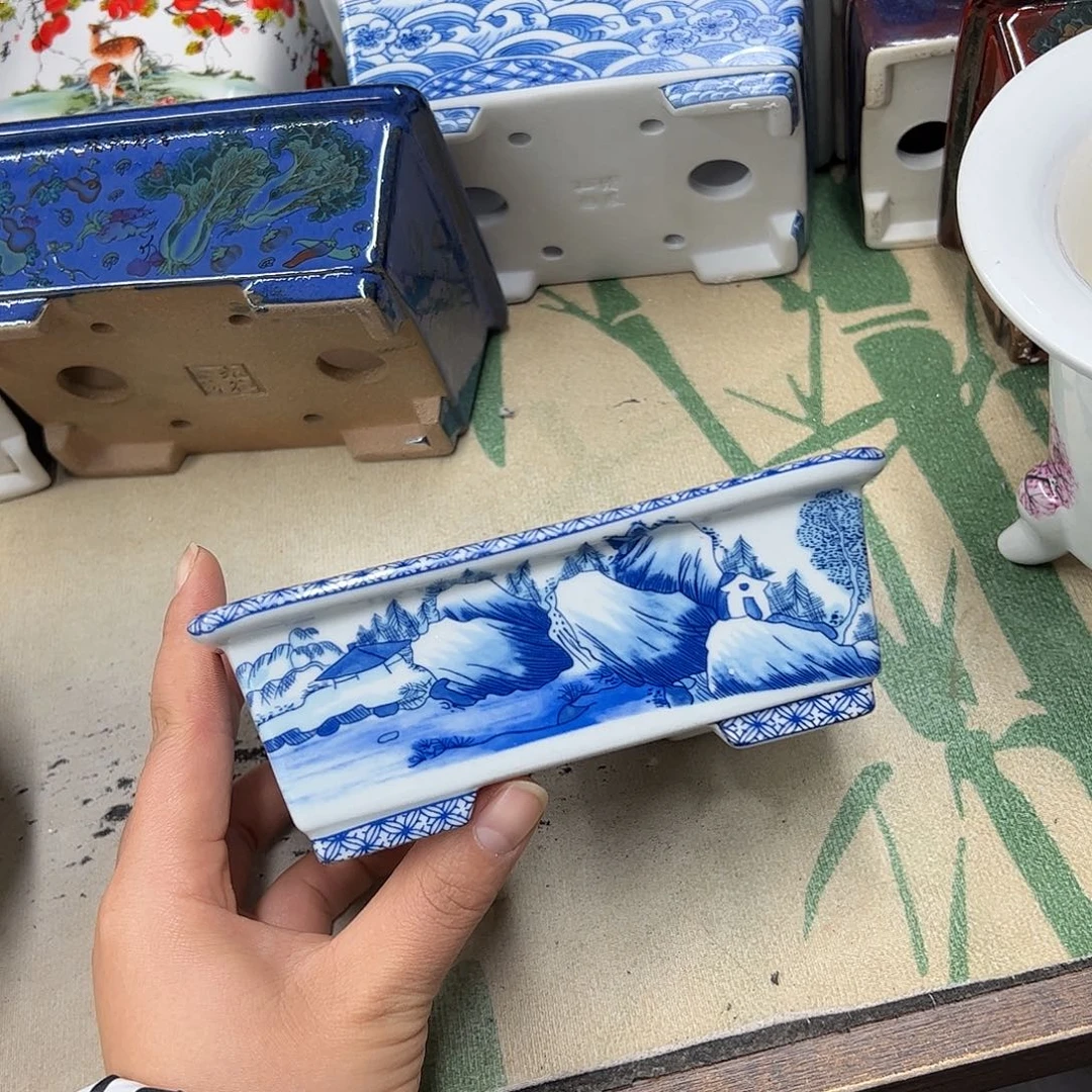 紫砂花盆435号瑕疵15/12/5cm仿手绘青花山水