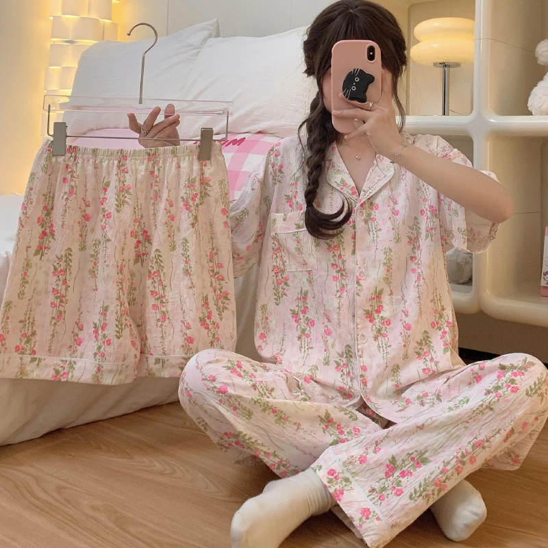 跨境新款少女粉色甜美云朵棉睡衣春夏季可爱碎花三件套家居服批发