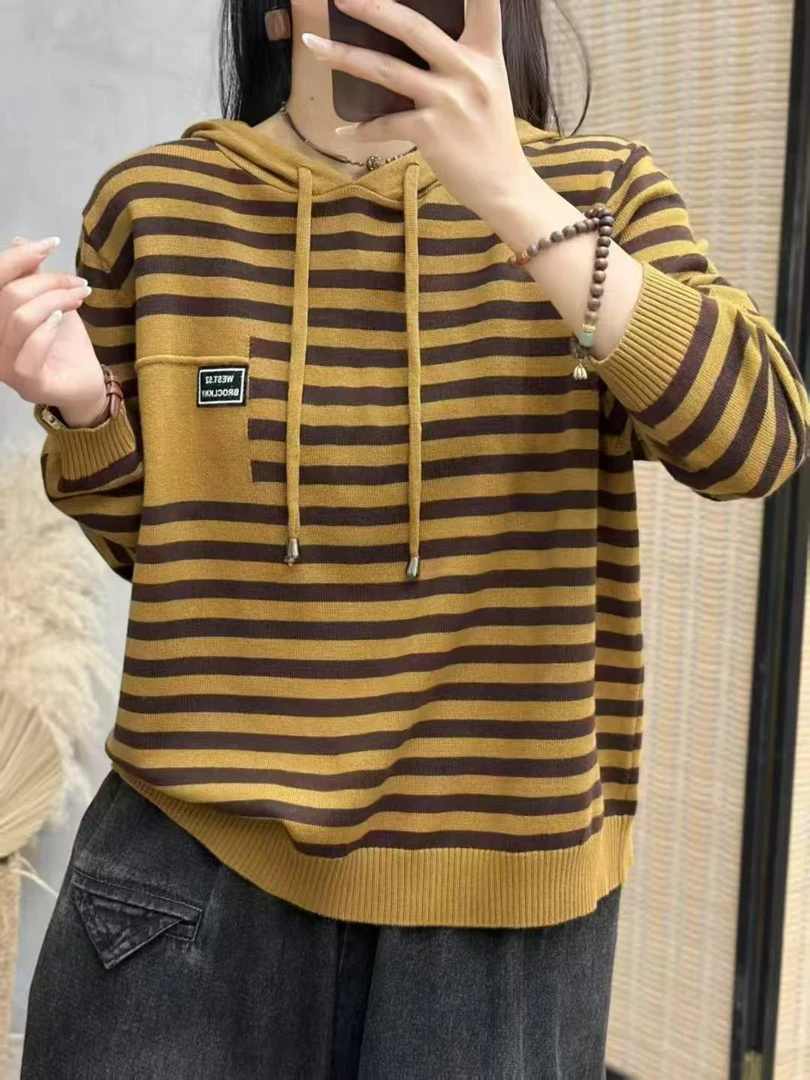 时尚百搭宽松显瘦春秋季连帽条纹毛针织衫