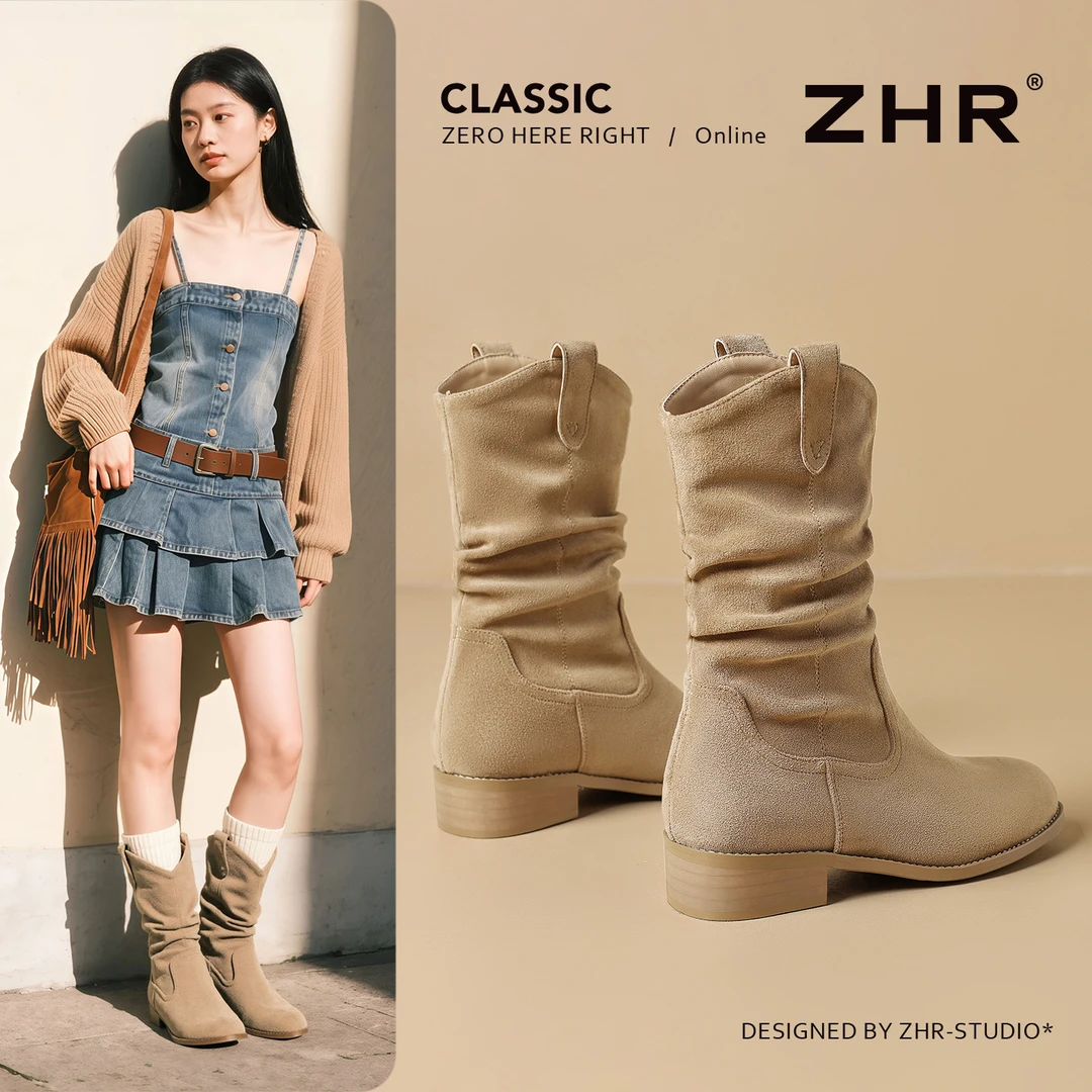 ZHR短筒堆堆靴2025秋冬新款复古时装粗跟短靴配裙子美拉德中筒靴