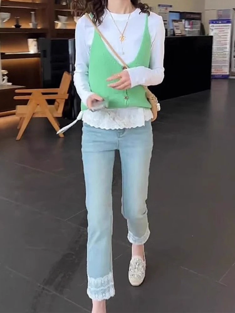 大码高腰弹力修身窄版直筒牛仔裤秋季新款百搭蕾丝拼接九分烟管裤