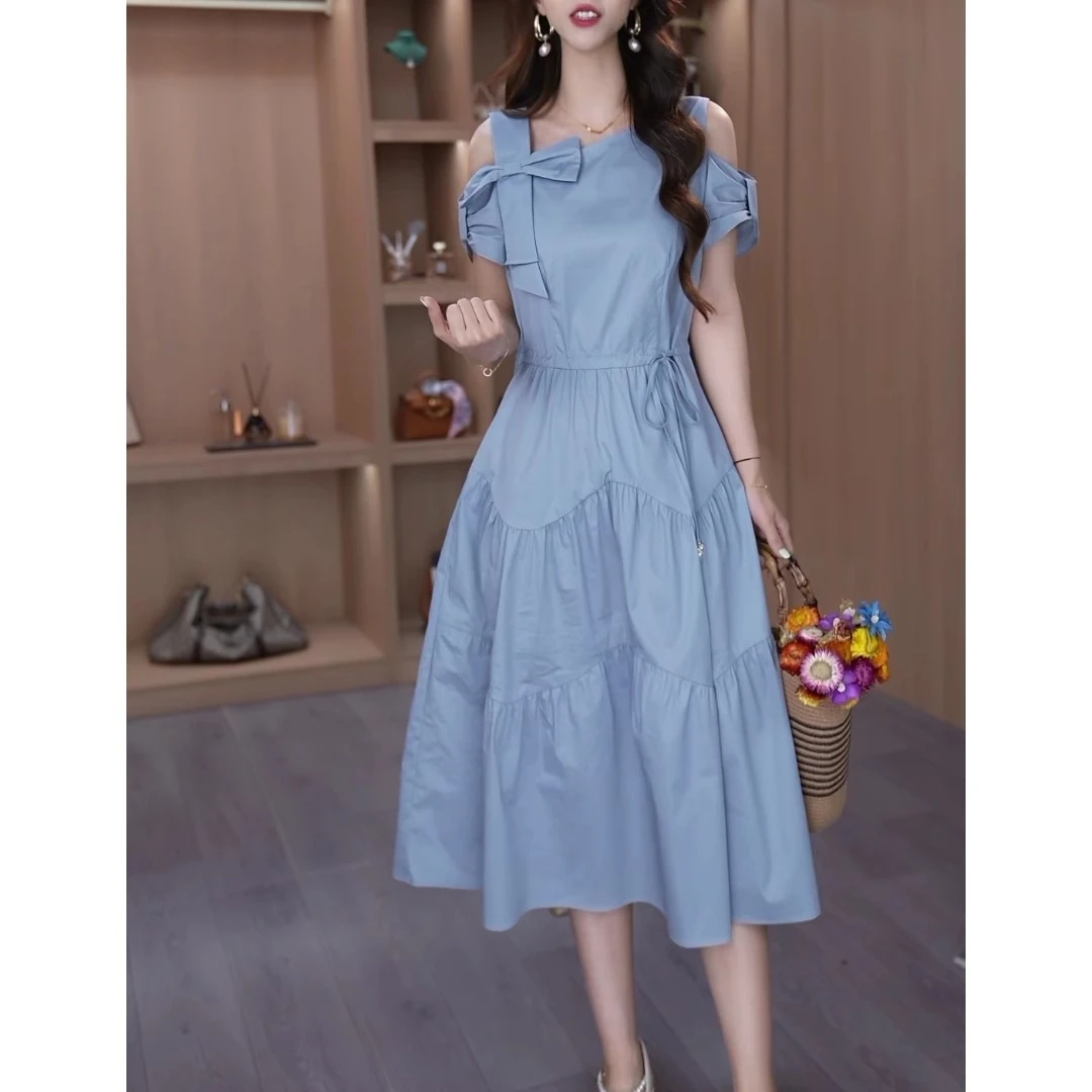2025刺绣通勤短袖纯色拼接常规连衣裙方领裙子高质感穿搭收腰新款