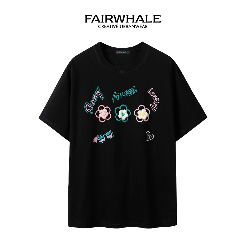 马克华菲女装时尚百搭印花圆领落肩T恤F22001A120