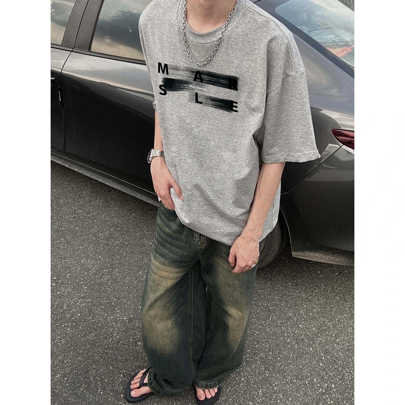 重磅纯棉夏季休闲半袖美式百搭运动休闲圆领印花韩版男生短袖T恤