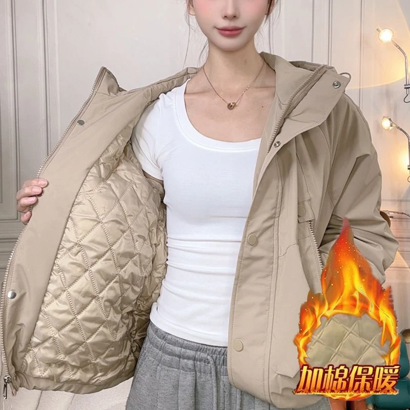 加棉加厚短款冲锋衣外套女秋冬夹棉连帽休闲防风防水二棉风衣