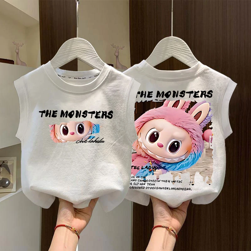 儿童夏季新款纯棉背心T恤中大童卡通拉布印花男女童宽松百搭上衣t