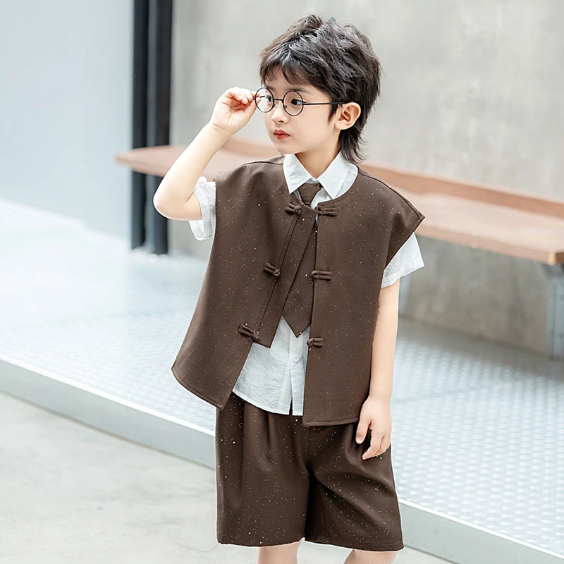 中式礼服中国风男中性礼服服装复古无袖夏季英伦儿童西服